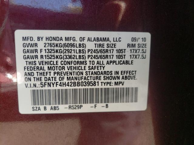 2011 HONDA PILOT EX 5FNYF4H42BB039581