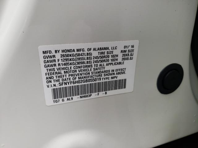 2016 HONDA PILOT ELIT 5FNYF6H02GB055019