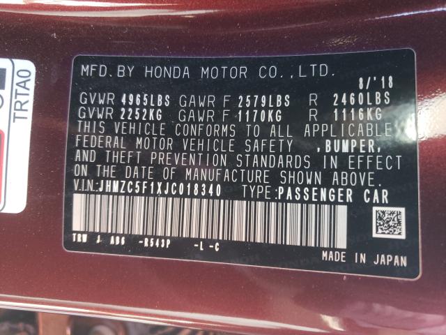 2018 HONDA CLARITY JHMZC5F1XJC018340