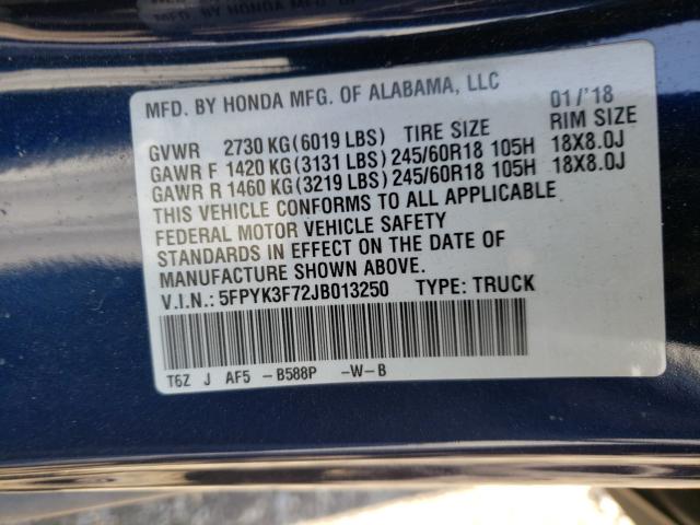 2018 HONDA RIDGELINE 5FPYK3F72JB013250