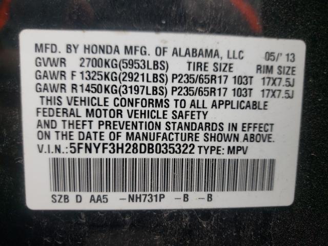 2013 HONDA PILOT LX 5FNYF3H28DB035322