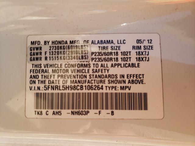 2012 HONDA ODYSSEY TO 5FNRL5H98CB106264