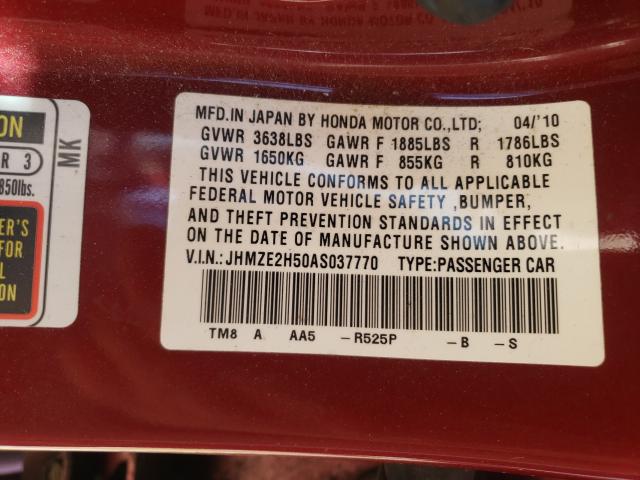 2010 HONDA INSIGHT LX JHMZE2H50AS037770