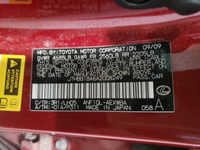 2010 LEXUS HS 250H JTHBB1BA6A2008249