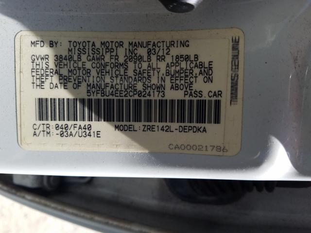 2012 TOYOTA COROLLA BA 5YFBU4EE2CP024173