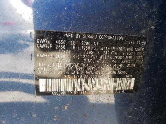 2020 SUBARU OUTBACK 4S4BTAAC6L3167864