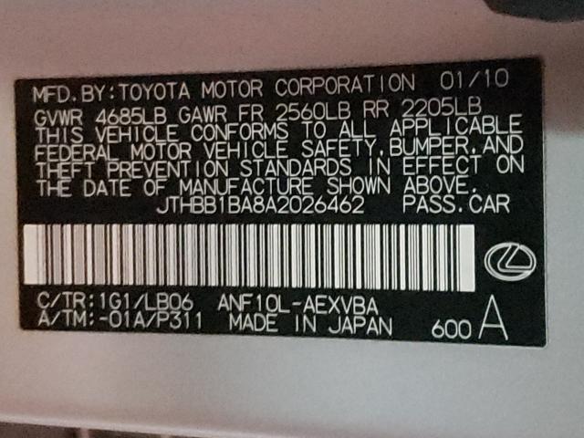 2010 LEXUS HS 250H JTHBB1BA8A2026462