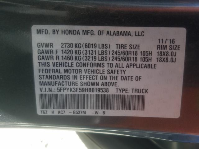 2017 HONDA RIDGELINE 5FPYK3F59HB019538