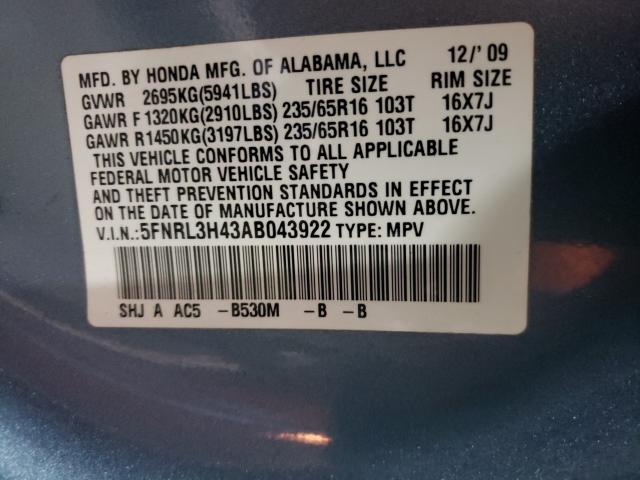 2010 HONDA ODYSSEY 5FNRL3H43AB043922