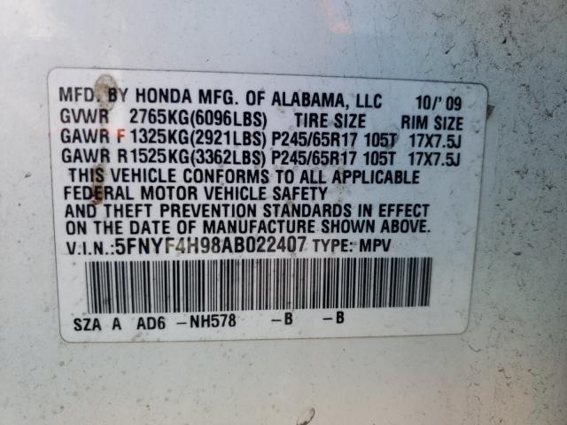 2010 HONDA PILOT TOUR 5FNYF4H98AB022407
