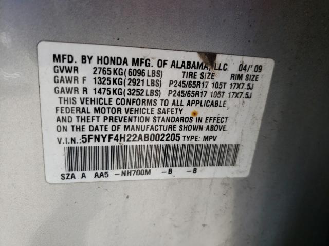 2010 HONDA PILOT LX 5FNYF4H22AB002205