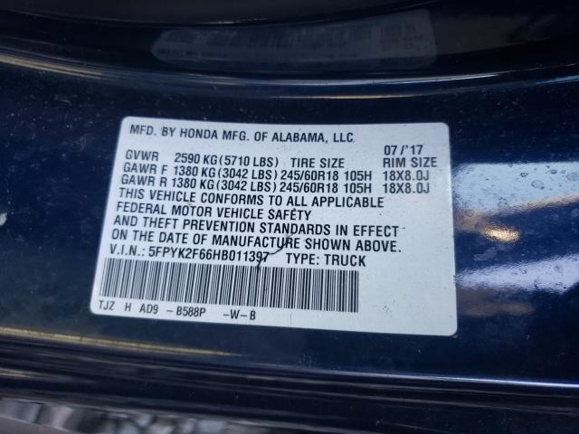 2017 HONDA RIDGELINE 5FPYK2F66HB011397