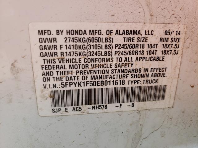 2014 HONDA RIDGELINE 5FPYK1F50EB011618