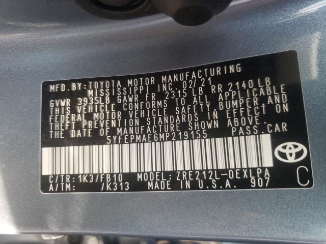 VIN WBAJB1C57JB083957 2021 TOYOTA COROLLA LE no.10