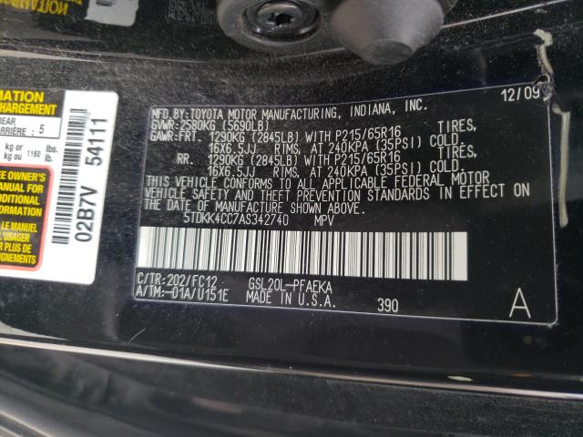 2010 TOYOTA SIENNA CE 5TDKK4CC7AS342740