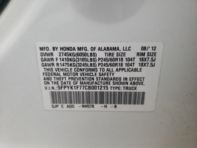 2012 HONDA RIDGELINE 5FPYK1F77CB001215