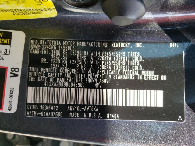 VIN 19XFB2F51EE069345 2011 TOYOTA VENZA no.10