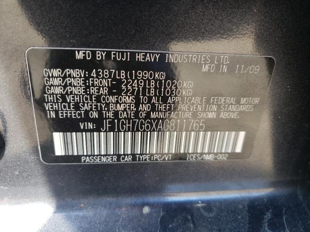 2010 SUBARU IMPREZA WR JF1GH7G6XAG811765