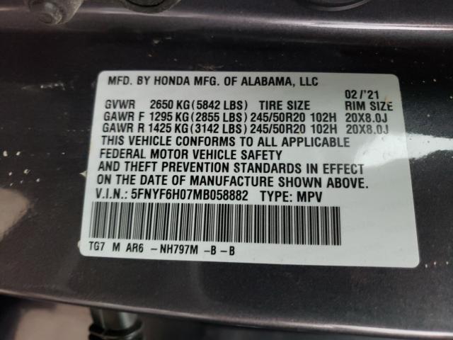 2021 HONDA PILOT ELIT 5FNYF6H07MB058882