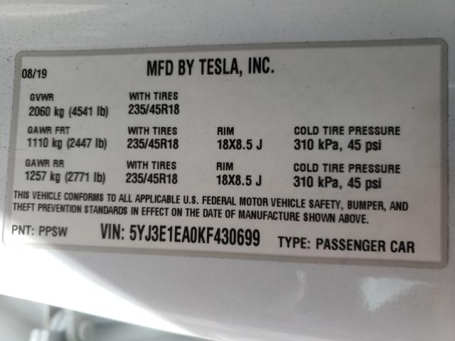 2019 TESLA MODEL 3 5YJ3E1EA0KF430699