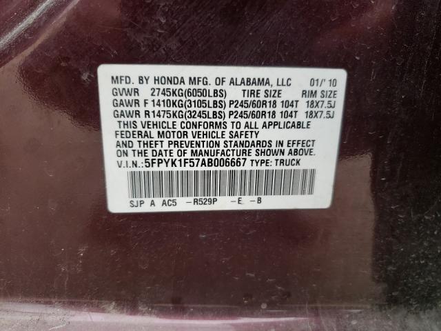 2010 HONDA RIDGELINE 5FPYK1F57AB006667