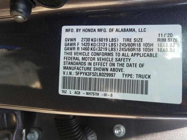2020 HONDA RIDGELINE 5FPYK3F52LB029997