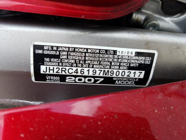 2007 HONDA VFR800 JH2RC46197M900217