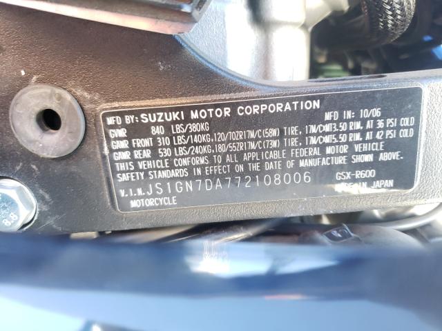 2007 SUZUKI GSX-R600 JS1GN7DA772108006