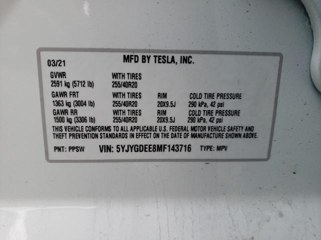 2021 TESLA MODEL Y 5YJYGDEE8MF143716
