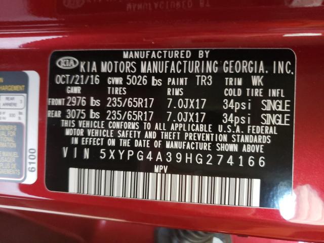 2017 KIA SORENTO 5XYPG4A39HG274166