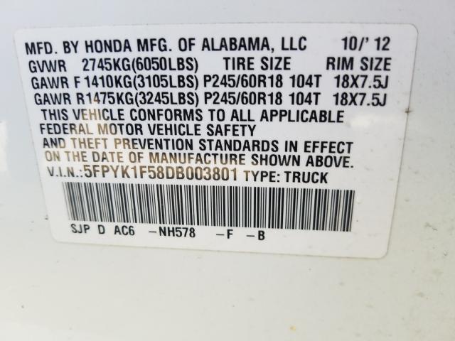 2013 HONDA RIDGELINE 5FPYK1F58DB003801