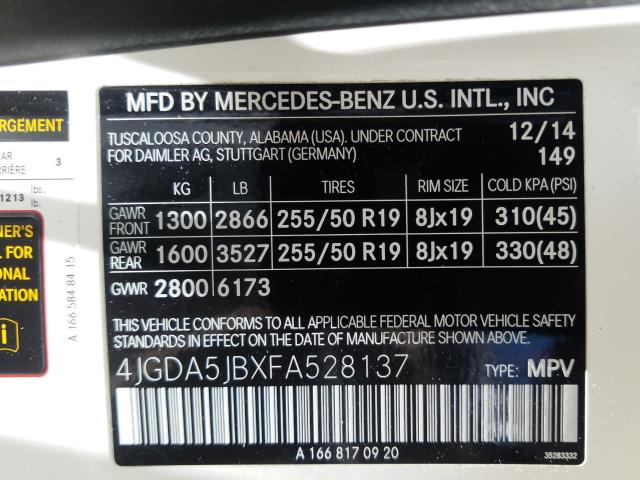 2015 MERCEDES-BENZ ML 350 - 4JGDA5JBXFA528137