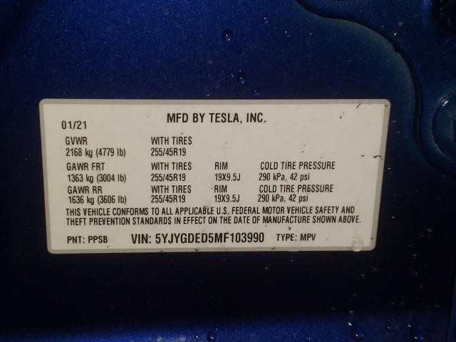 2021 TESLA MODEL Y 5YJYGDED5MF103990