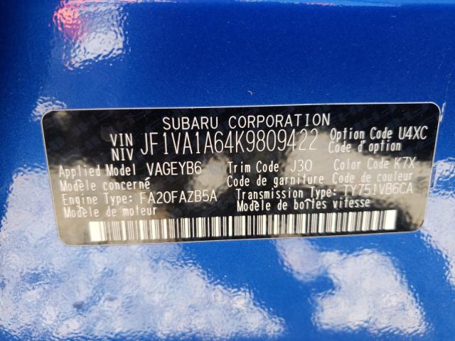 2019 SUBARU WRX JF1VA1A64K9809422
