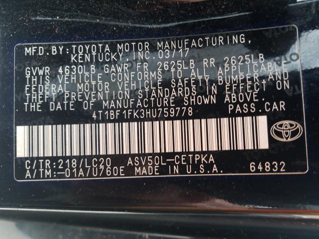 2017 TOYOTA CAMRY LE 4T1BF1FK3HU759778