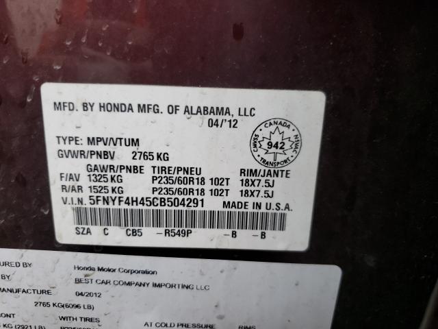 2012 HONDA PILOT EX 5FNYF4H45CB504291