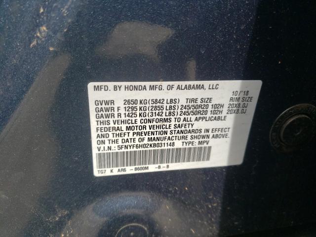 2019 HONDA PILOT ELIT 5FNYF6H02KB031148
