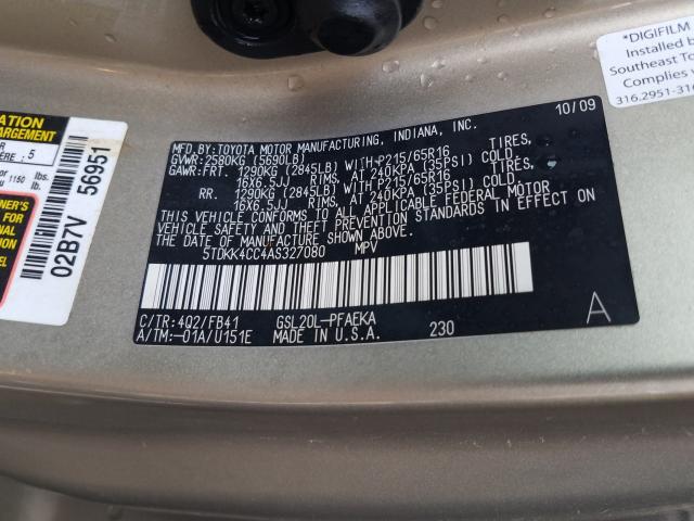 2010 TOYOTA SIENNA CE 5TDKK4CC4AS327080