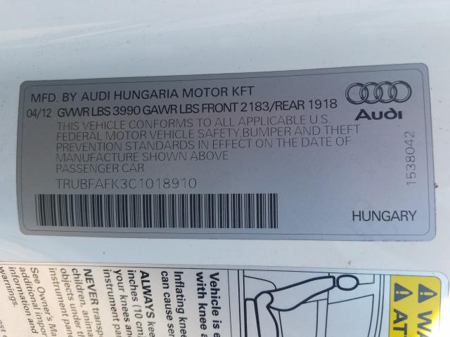 2012 AUDI TT PREMIUM TRUBFAFK3C1018910