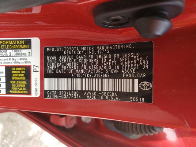 2014 TOYOTA CAMRY HYBR 4T1BD1FK9EU109662