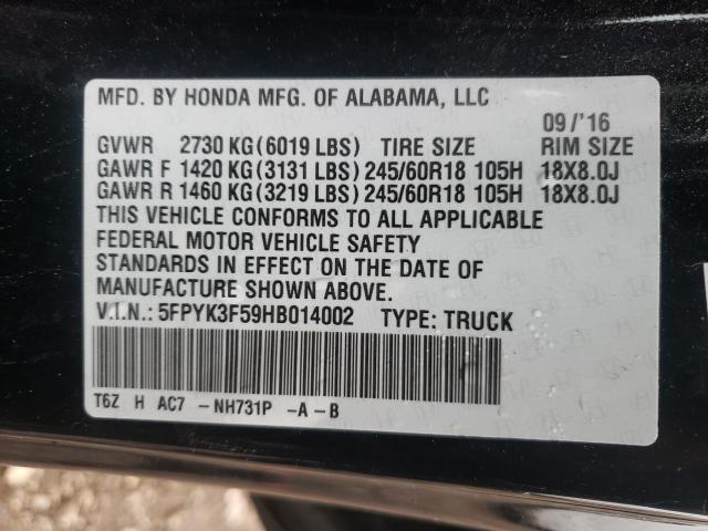 2017 HONDA RIDGELINE 5FPYK3F59HB014002