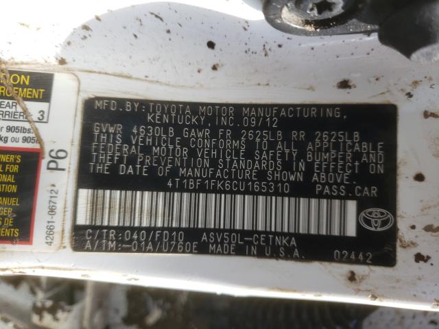 2012 TOYOTA CAMRY BASE 4T1BF1FK6CU165310