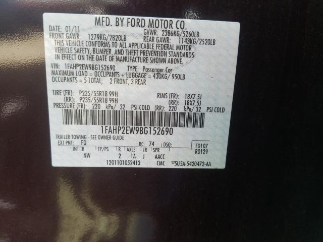 2011 FORD TAURUS SEL 1FAHP2EW9BG152690