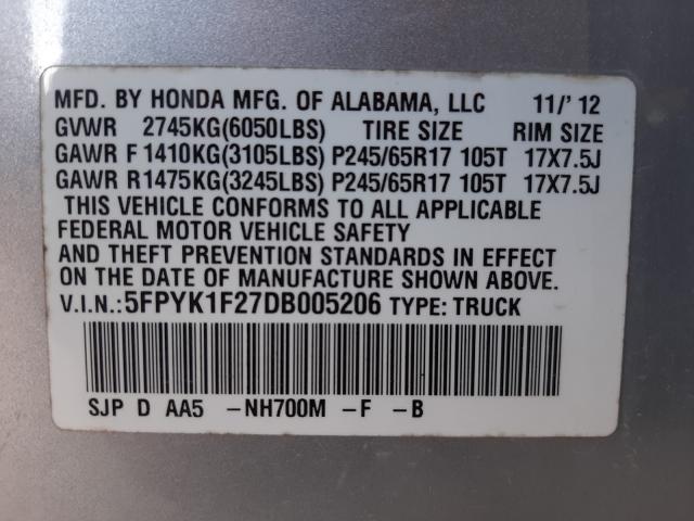 2013 HONDA RIDGELINE 5FPYK1F27DB005206