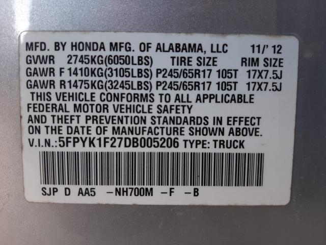 2013 HONDA RIDGELINE 5FPYK1F27DB005206