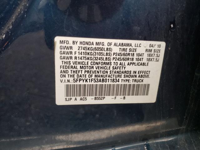 2010 HONDA RIDGELINE 5FPYK1F53AB011834