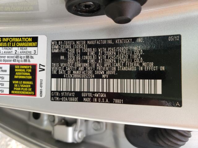 2012 TOYOTA VENZA LE 4T3ZK3BB8CU052204