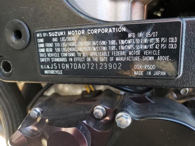 2007 SUZUKI GSX-R600 JS1GN7DA072123902