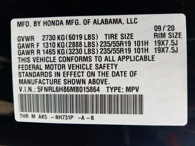 2021 HONDA ODYSSEY TO 5FNRL6H86MB015864