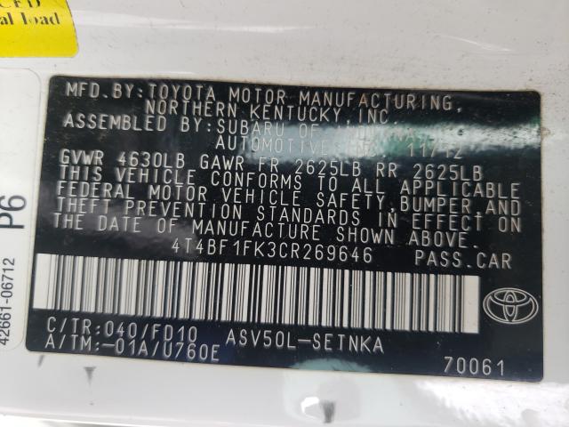 2012 TOYOTA CAMRY BASE 4T4BF1FK3CR269646
